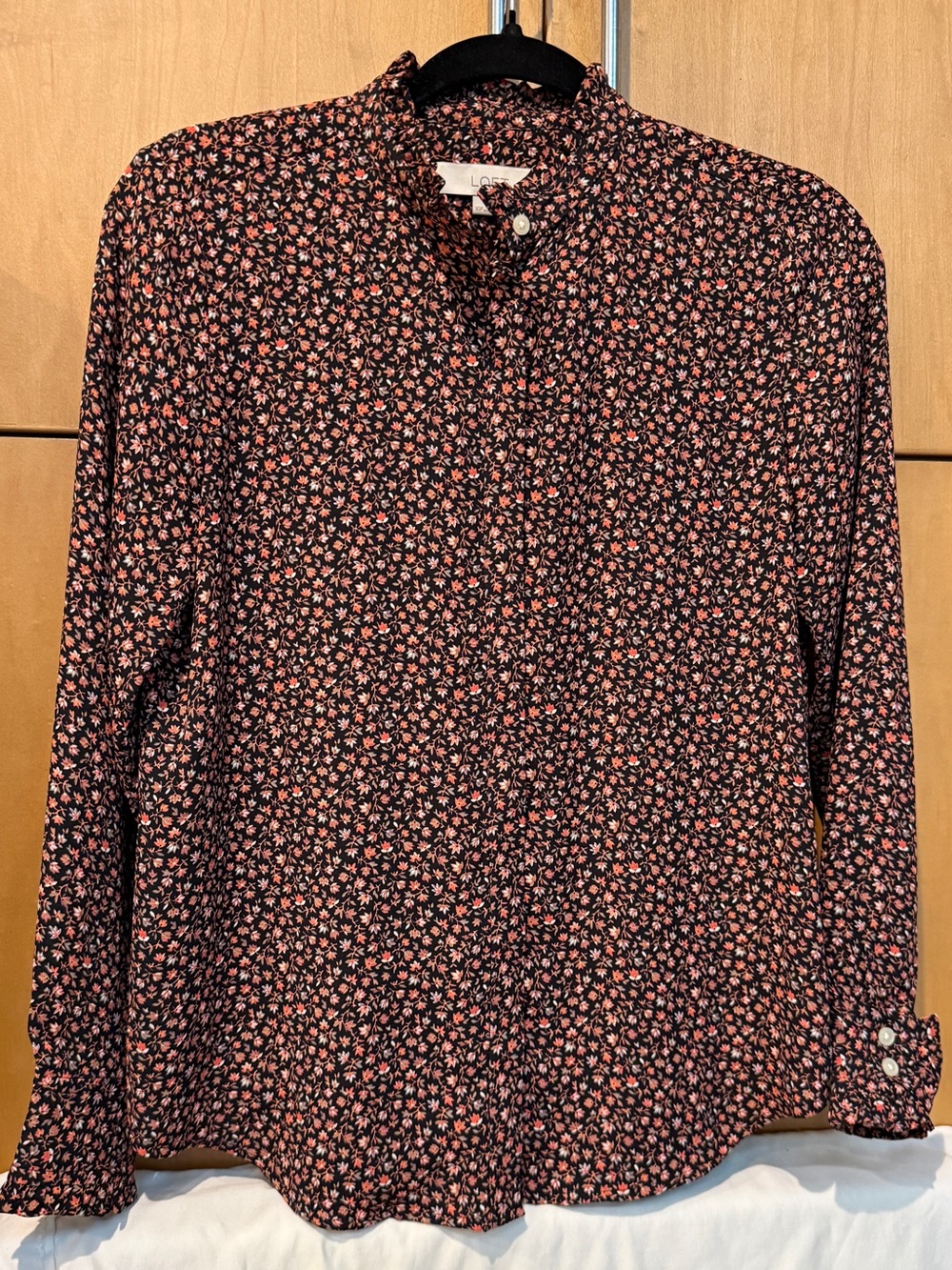LOFT Black Blouse with Coral Floral Print